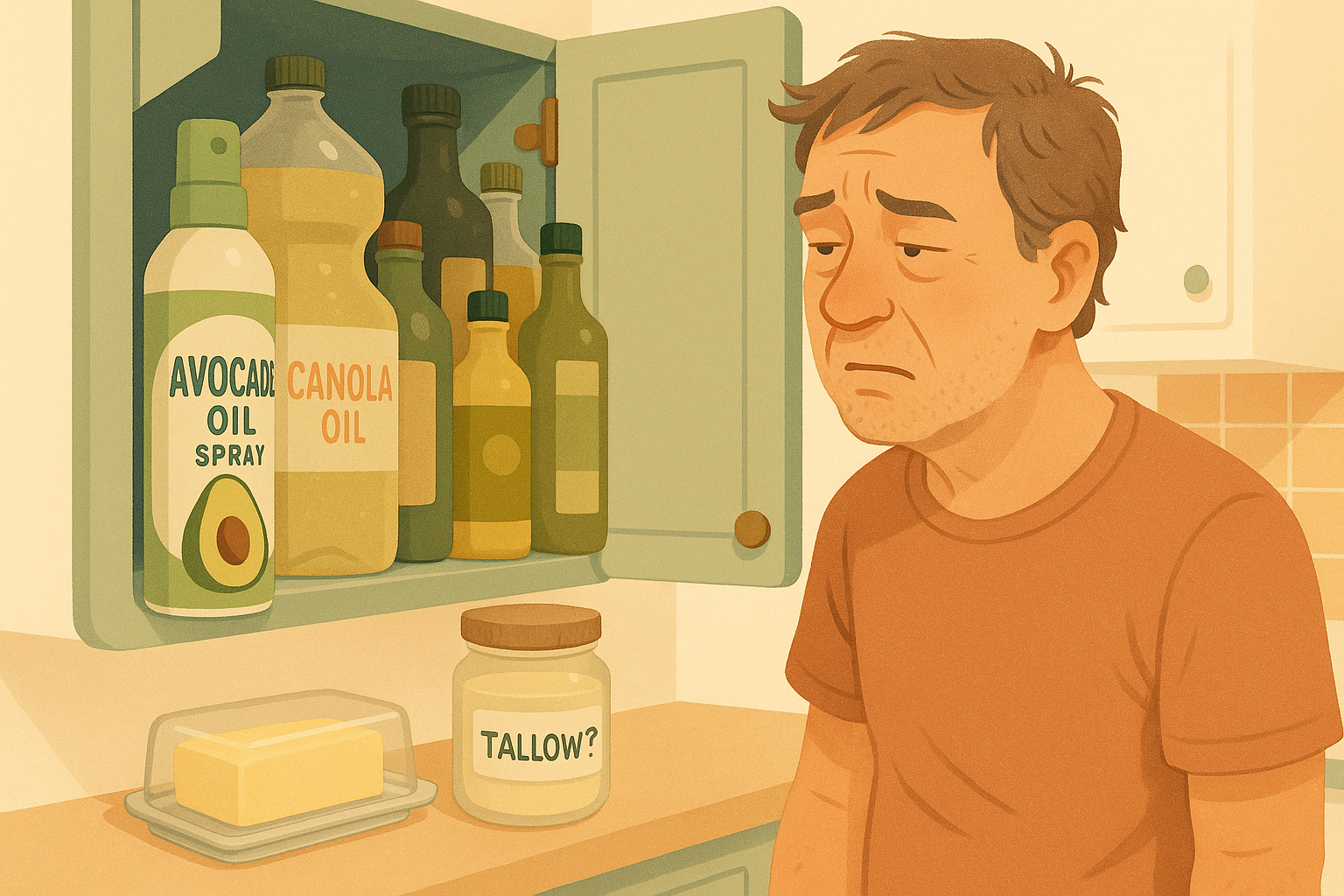 Illustration of a 50-something man standing in a home kitchen, looking mildly confused at an open cabinet overflowing with cooking oil bottles. A prominent avocado oil spray bottle is visible in front, a canola oil bottle pushed to the back, a butter dish on the counter beside him, and a jar with a handwritten label reading 'tallow?' with a question mark.
