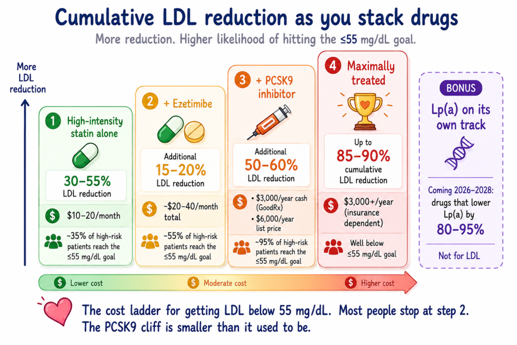 A four-step ladder showing cumulative LDL reduction as cholesterol drugs are stacked. Step 1: high-intensity statin alone produces 30-55% LDL reduction at $10-20 per month, with about 35% of high-risk patients reaching the 55 mg/dL goal. Step 2: adding ezetimibe adds 15-20% reduction at $20-40 per month total, with about 55% reaching goal. Step 3: adding a PCSK9 inhibitor adds another 50-60% reduction at about $3,000 per year cash via GoodRx (or $6,000 per year list price), with about 95% reaching goal. Step 4: maximally treated patients achieve up to 85-90% cumulative LDL reduction at $3,000+ per year insurance dependent. A separate bonus box shows Lp(a)-lowering drugs coming 2026-2028 with 80-95% Lp(a) reduction (not for LDL).