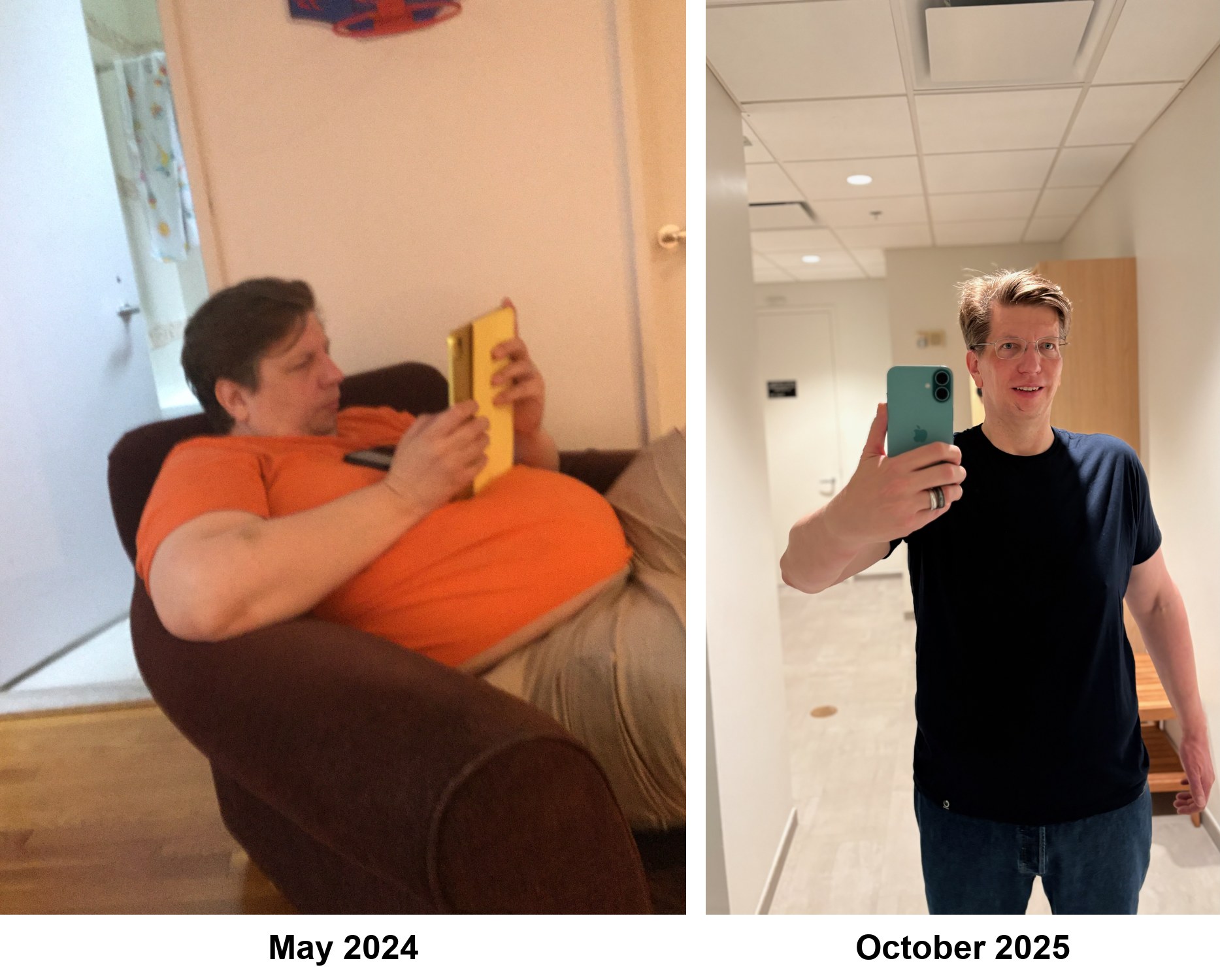 Side-by-side photo comparison. Left, May 2024: the author sits in a chair holding a tablet, visibly obese, wearing an orange t-shirt. Right, October 2025: a mirror selfie in a hallway showing the same man approximately 130 pounds lighter, wearing a dark t-shirt and looking visibly fit.