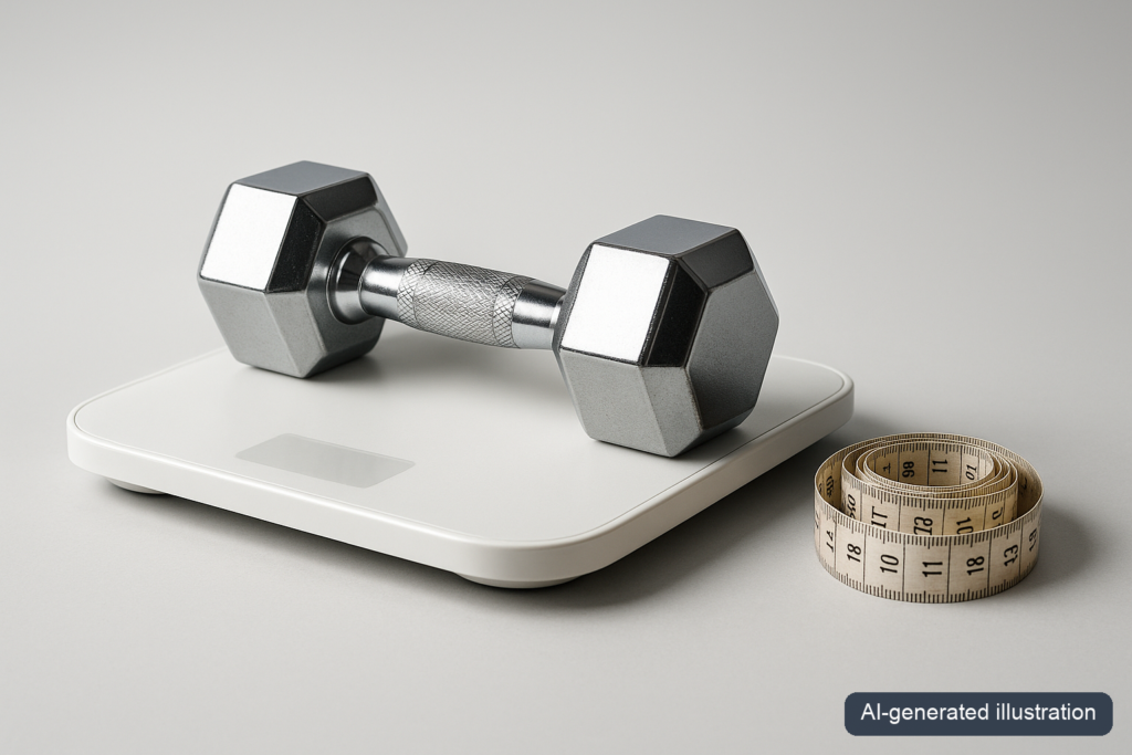 A bathroom scale with a dumbbell resting on it and a tape measure beside it, illustrating that body weight alone does not capture muscle and fat