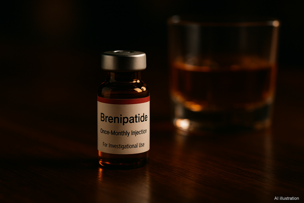 Brenipatide vial with bourbon glass illustrating Eli Lilly's monthly GLP-1 drug for alcohol use disorder