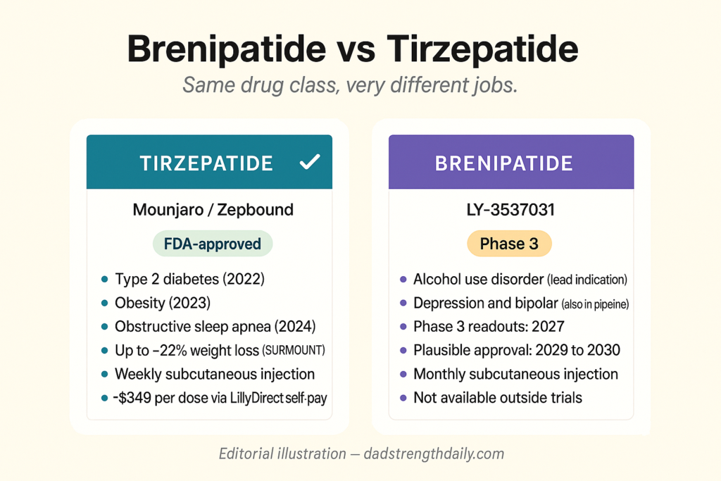 Editorial infographic comparing Tirzepatide and Brenipatide side by side. Left card Tirzepatide (Mounjaro / Zepbound), FDA-approved, weekly subcutaneous, type 2 diabetes obesity and obstructive sleep apnea indications, up to about 22 percent weight loss in SURMOUNT, around $299 per month via LillyDirect. Right card Brenipatide (LY-3537031), Phase 3, monthly subcutaneous, alcohol use disorder lead indication with depression and bipolar also in the pipeline, readouts expected 2027, plausible approval 2029 to 2030, not yet available outside trials.