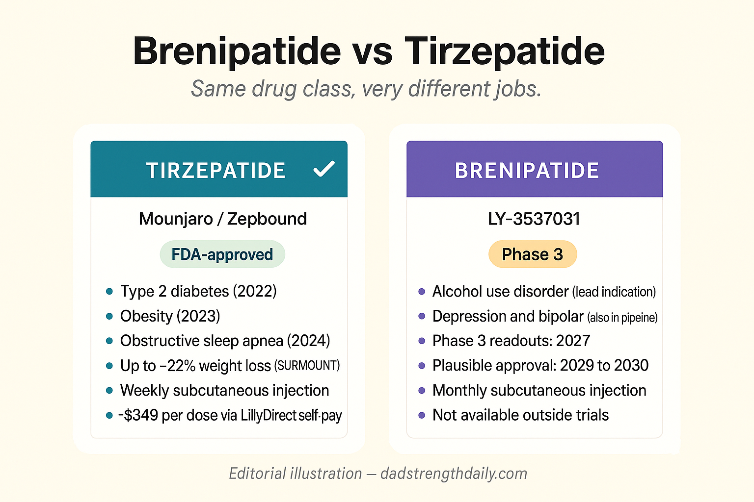 Editorial infographic comparing Tirzepatide and Brenipatide side by side. Left card Tirzepatide (Mounjaro / Zepbound), FDA-approved, weekly subcutaneous, type 2 diabetes obesity and obstructive sleep apnea indications, up to about 22 percent weight loss in SURMOUNT, around $299 per month via LillyDirect. Right card Brenipatide (LY-3537031), Phase 3, monthly subcutaneous, alcohol use disorder lead indication with depression and bipolar also in the pipeline, readouts expected 2027, plausible approval 2029 to 2030, not yet available outside trials.