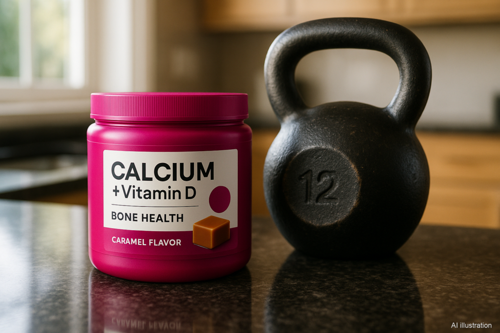 Editorial photograph: deep magenta plastic tub of calcium chew supplements labeled 'Calcium + Vitamin D / Bone Health / Caramel Flavor' on a dark granite kitchen countertop, next to a black cast-iron kettlebell. The visual juxtaposes supplement-aisle bone-health marketing against the strength training that actually moves bone density.