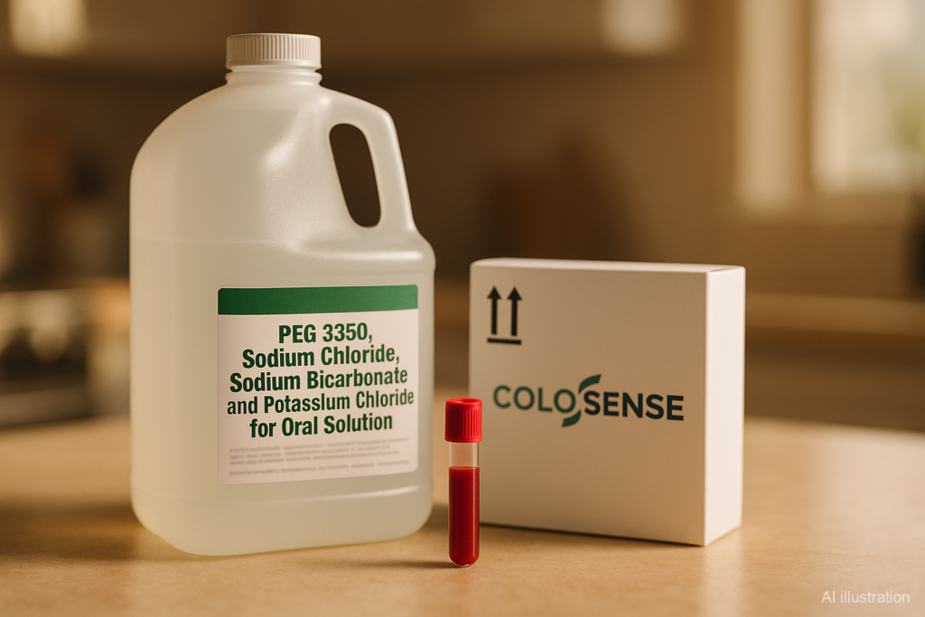 A large 'Bowel Prep' colonoscopy prep jug, a ColoSense at-home test kit box, and a blood collection tube on a kitchen counter