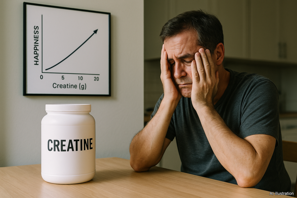 Photorealistic editorial image. A middle-aged man sits at a kitchen table with his head in his hands, looking dejected. On the table to his left sits a large white tub labeled CREATINE. On the wall behind him hangs a framed line graph with HAPPINESS on the y-axis and Creatine (g) on the x-axis (tick marks at 5, 10, 20) and an upward-sloping line with an arrow at the end. Visual joke: the graph promises that more creatine equals more happiness, the man is visibly miserable.