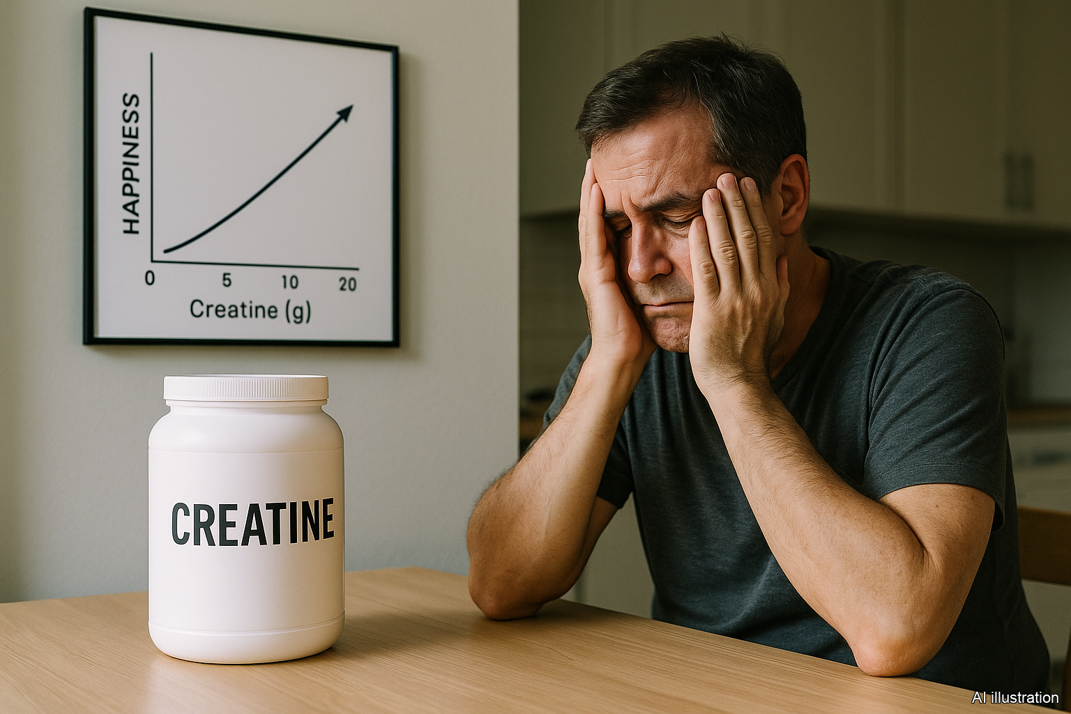 Photorealistic editorial image. A middle-aged man sits at a kitchen table with his head in his hands, looking dejected. On the table to his left sits a large white tub labeled CREATINE. On the wall behind him hangs a framed line graph with HAPPINESS on the y-axis and Creatine (g) on the x-axis (tick marks at 5, 10, 20) and an upward-sloping line with an arrow at the end. Visual joke: the graph promises that more creatine equals more happiness, the man is visibly miserable.