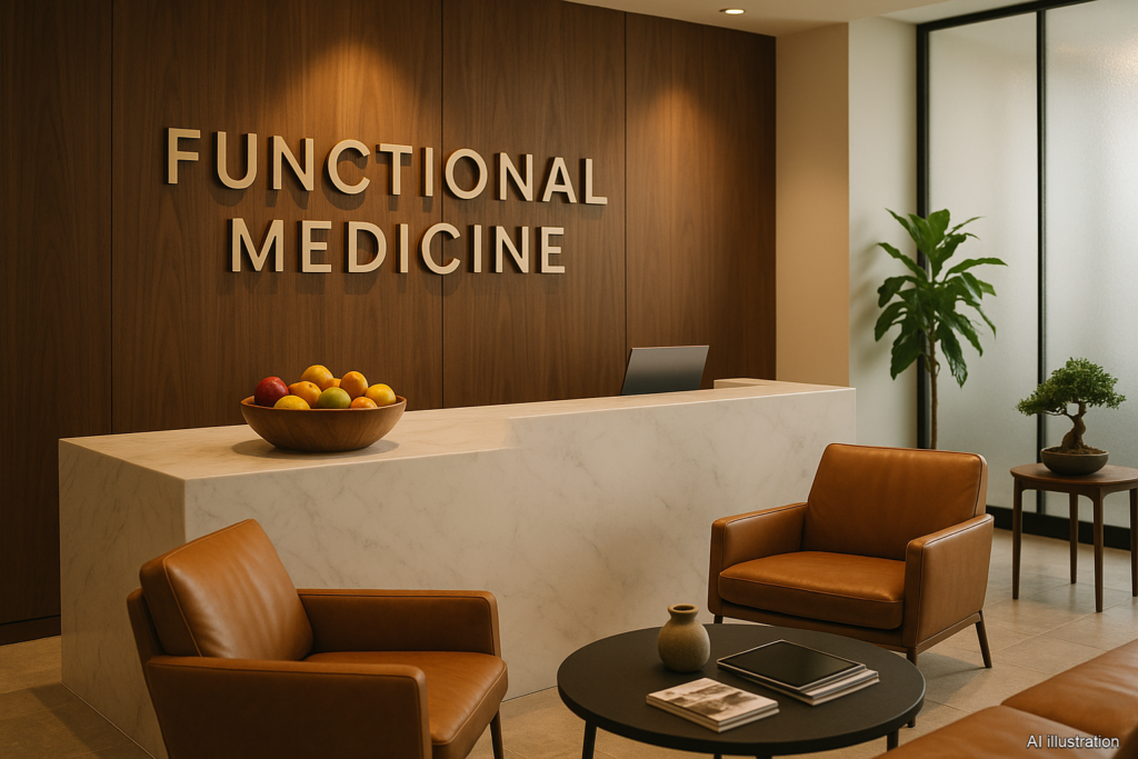 Premium wellness clinic reception with FUNCTIONAL MEDICINE in brass lettering on the wall — AI illustration for a critical look at the functional medicine empire