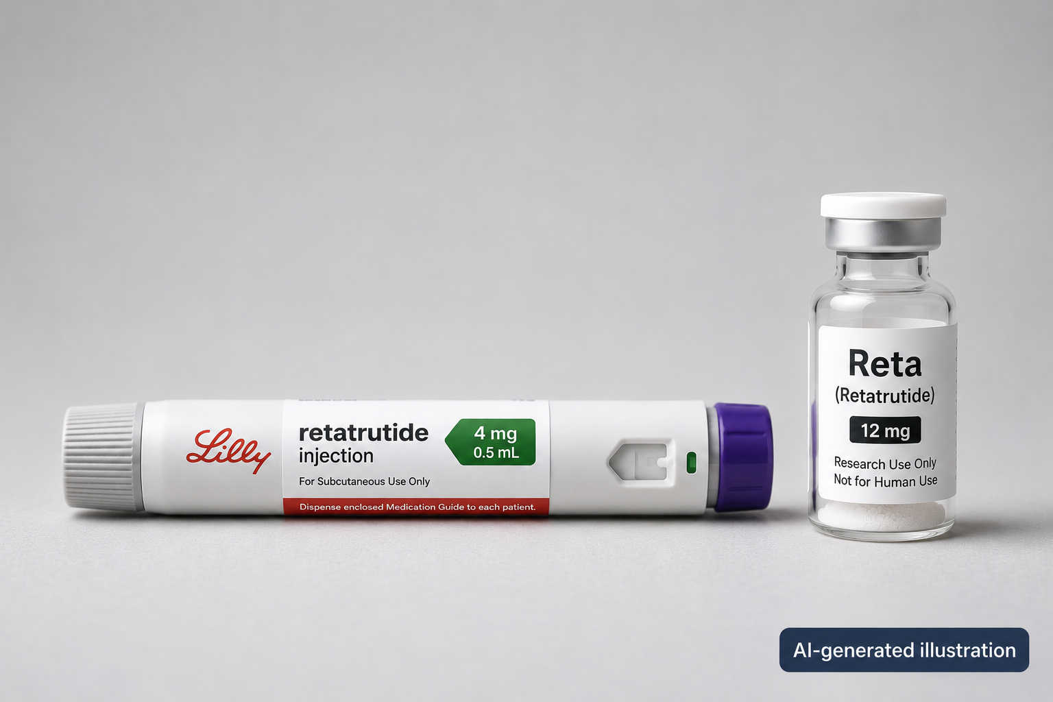 Side-by-side illustration of two retatrutide products. On the left, a hypothetical Lilly-branded retatrutide injection pen at 4 mg/0.5 mL, representing the FDA-approved future product Lilly has not yet brought to market. On the right, a gray-market vial labeled 'Reta (Retatrutide) 12 mg, Research Use Only, Not For Human Use,' representing the kind of unregulated peptide product that has been sold online since 2024. The image is marked 'AI-generated illustration' in the bottom right.
