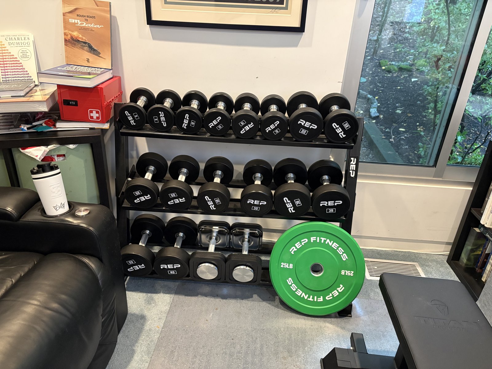 My rack of individual fixed dumbbells
