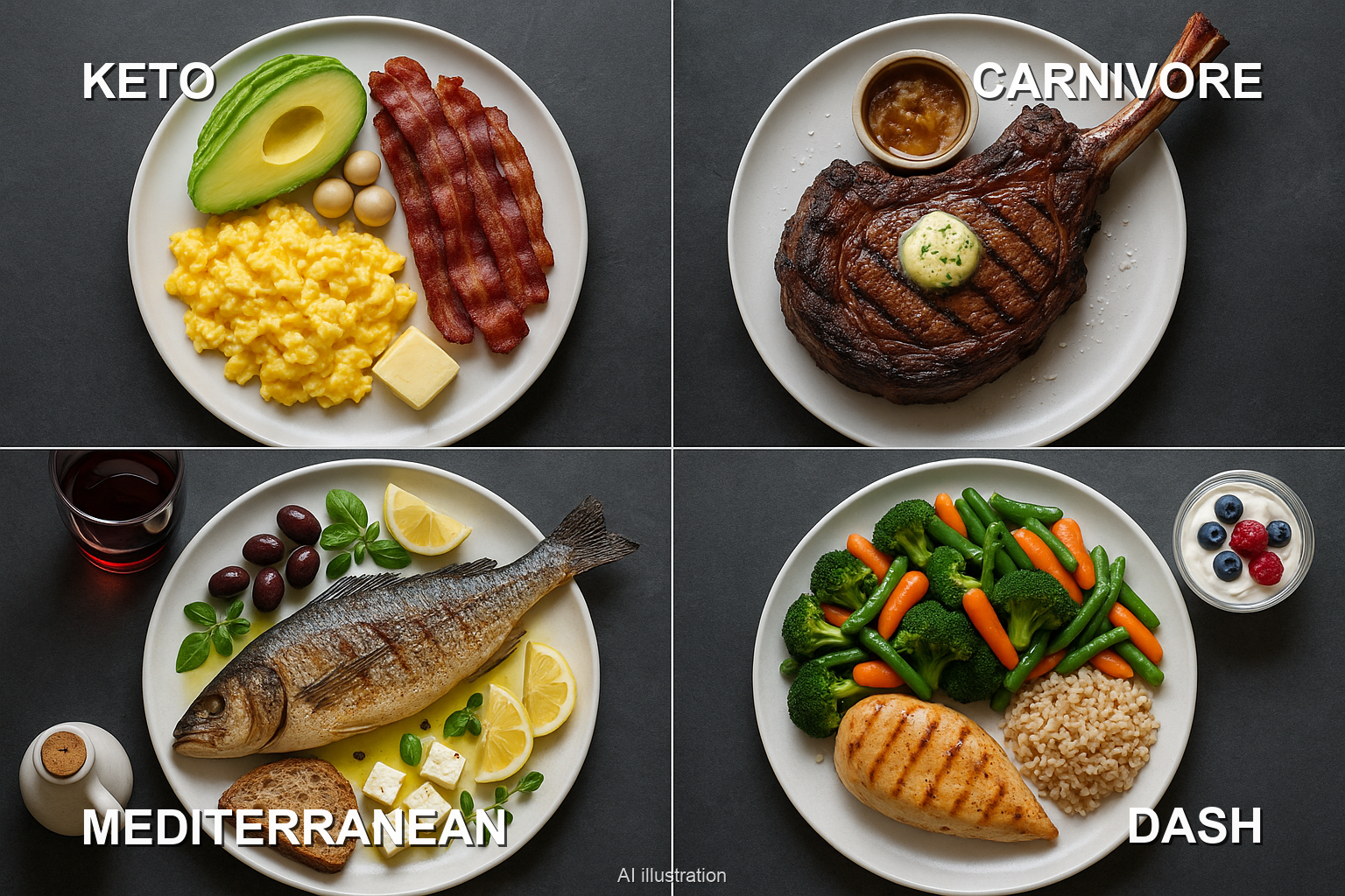 Photorealistic 2x2 grid of plated meals: top-left a keto plate (scrambled eggs, bacon, avocado, macadamia nuts); top-right a carnivore plate (massive tomahawk ribeye with butter, salt, bone marrow); bottom-left a Mediterranean plate (whole branzino with olive oil, kalamata olives, feta, herbs, red wine, whole-grain bread); bottom-right a DASH plate (mound of mixed steamed vegetables, skinless grilled chicken breast, brown rice, low-fat Greek yogurt with berries). Each plate labeled.