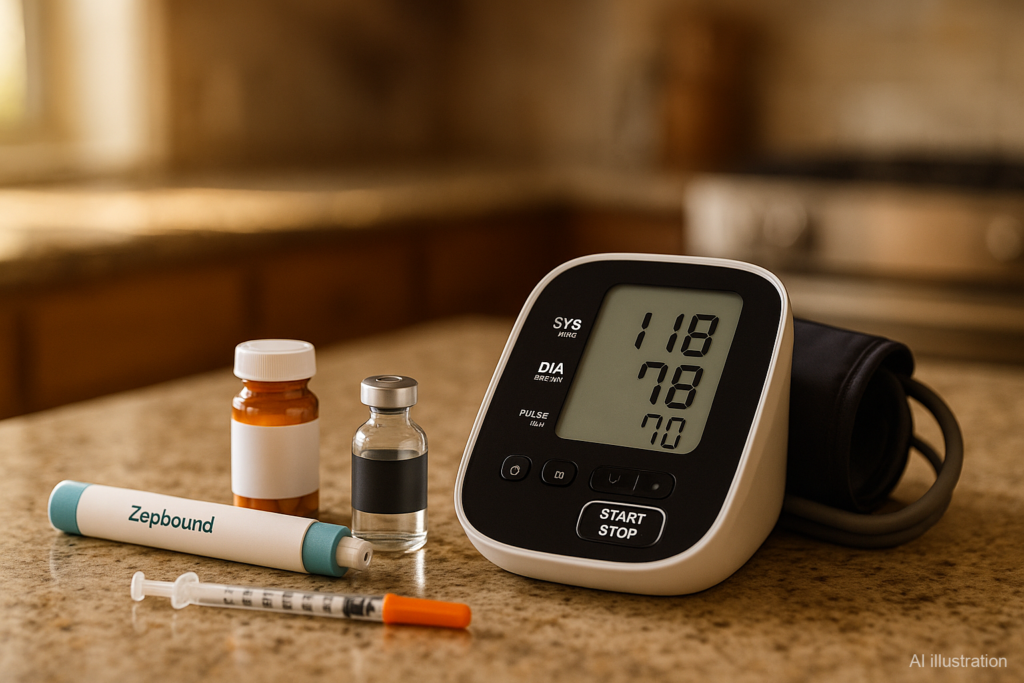 A Zepbound injector pen, a prescription pill bottle, a matte-black medication vial, a capped insulin syringe, and a home blood pressure monitor on a kitchen counter