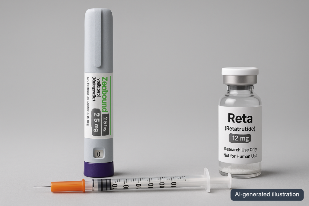 A Zepbound KwikPen, an insulin syringe, and a research-use Reta (retatrutide) vial on a gray background