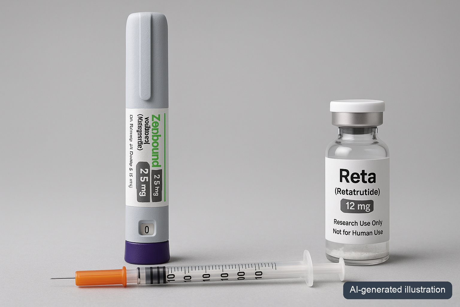 A Zepbound KwikPen, an insulin syringe, and a research-use Reta (retatrutide) vial on a gray background