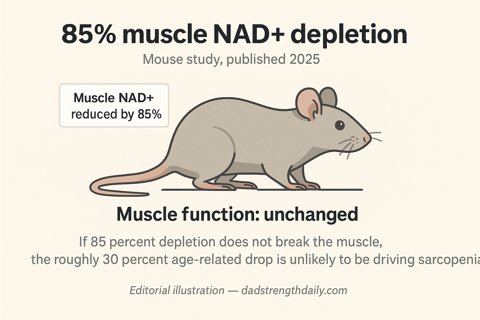 Editorial illustration of a single lab mouse with a callout reading 'Muscle NAD+ reduced by 85 percent' and the centered statement 'Muscle function: unchanged.' Caption: if 85 percent depletion does not break the muscle, the roughly 30 percent age-related drop is unlikely to be driving sarcopenia.