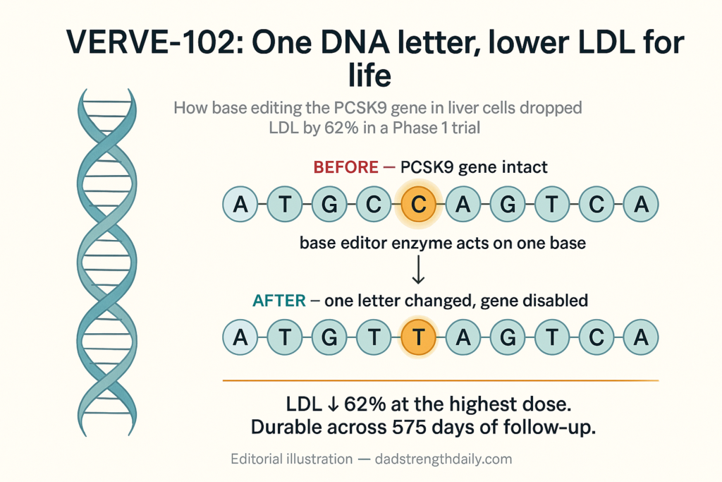 Editorial infographic. Title: 'VERVE-102: One DNA letter, lower LDL for life.' Left side shows a stylized blue-and-teal DNA double helix illustration. Right side shows two horizontal DNA strands stacked. The BEFORE strand reads A T G C A G T C A with the C highlighted in amber. The AFTER strand reads A T G T A G T C A with the T highlighted in amber, indicating one base has been edited. A base-editor enzyme arrow connects them. Result callout: LDL down 62 percent at the highest dose, durable across 575 days of follow-up.