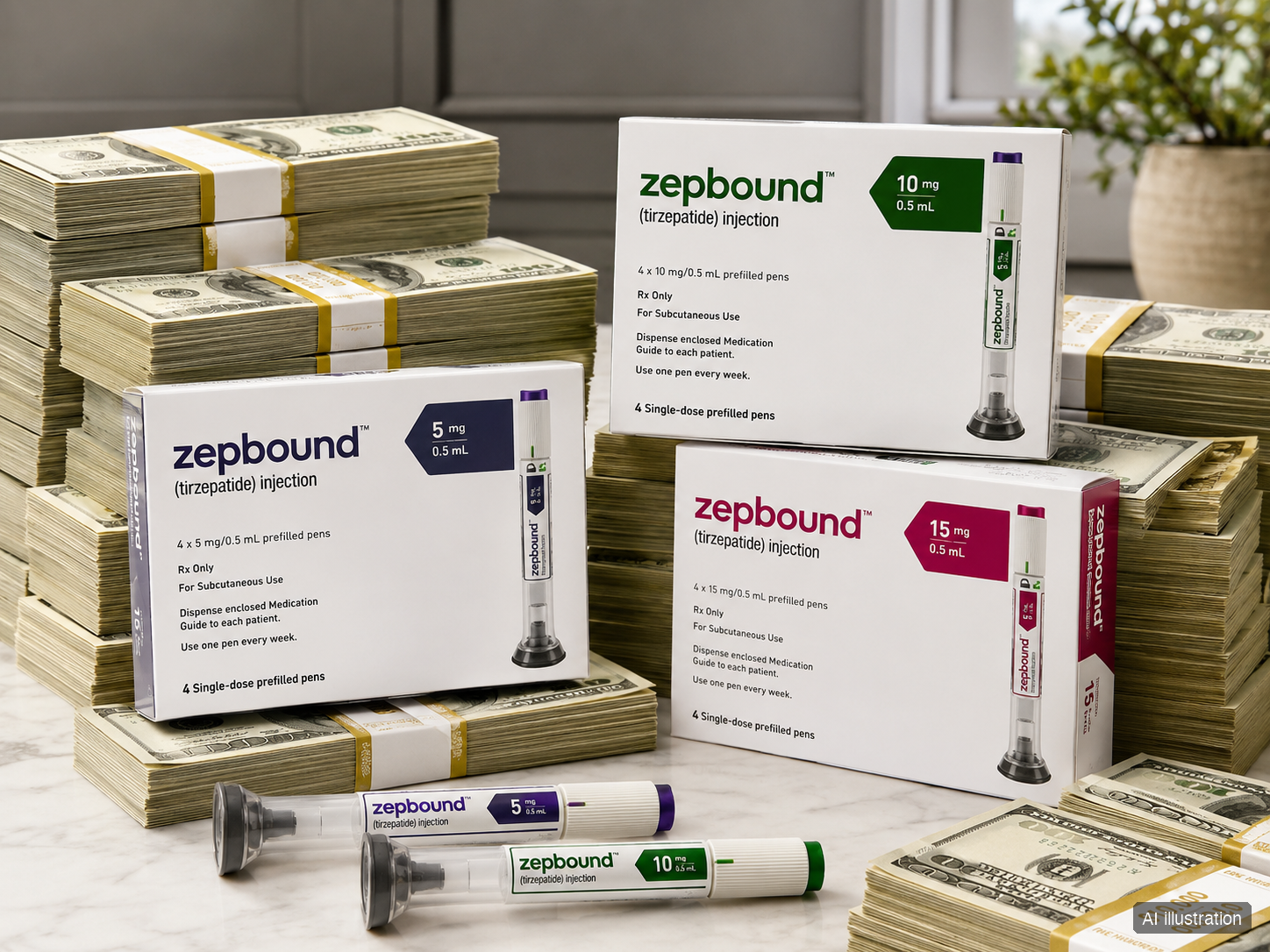Editorial AI illustration. Three boxes of Zepbound (tirzepatide) in 5 mg, 10 mg, and 15 mg dose strengths rest on stacks of US one-hundred-dollar bills, with two prefilled Zepbound pens in the foreground. Image accompanies the post on the five access channels for Zepbound and Mounjaro in 2026.