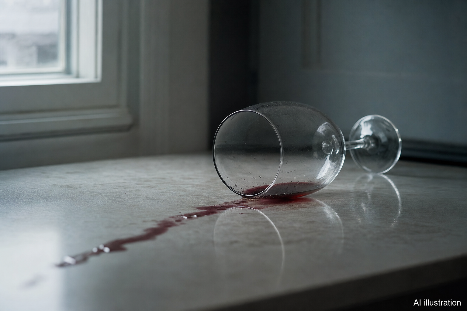 An empty red wine glass tipped over on its side with a small spill, in cold morning light