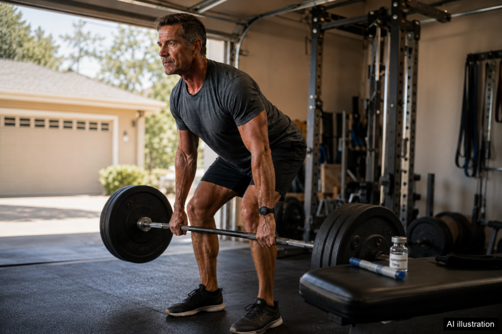 A lean man around 50 mid-deadlift with a loaded barbell in his home garage gym.
