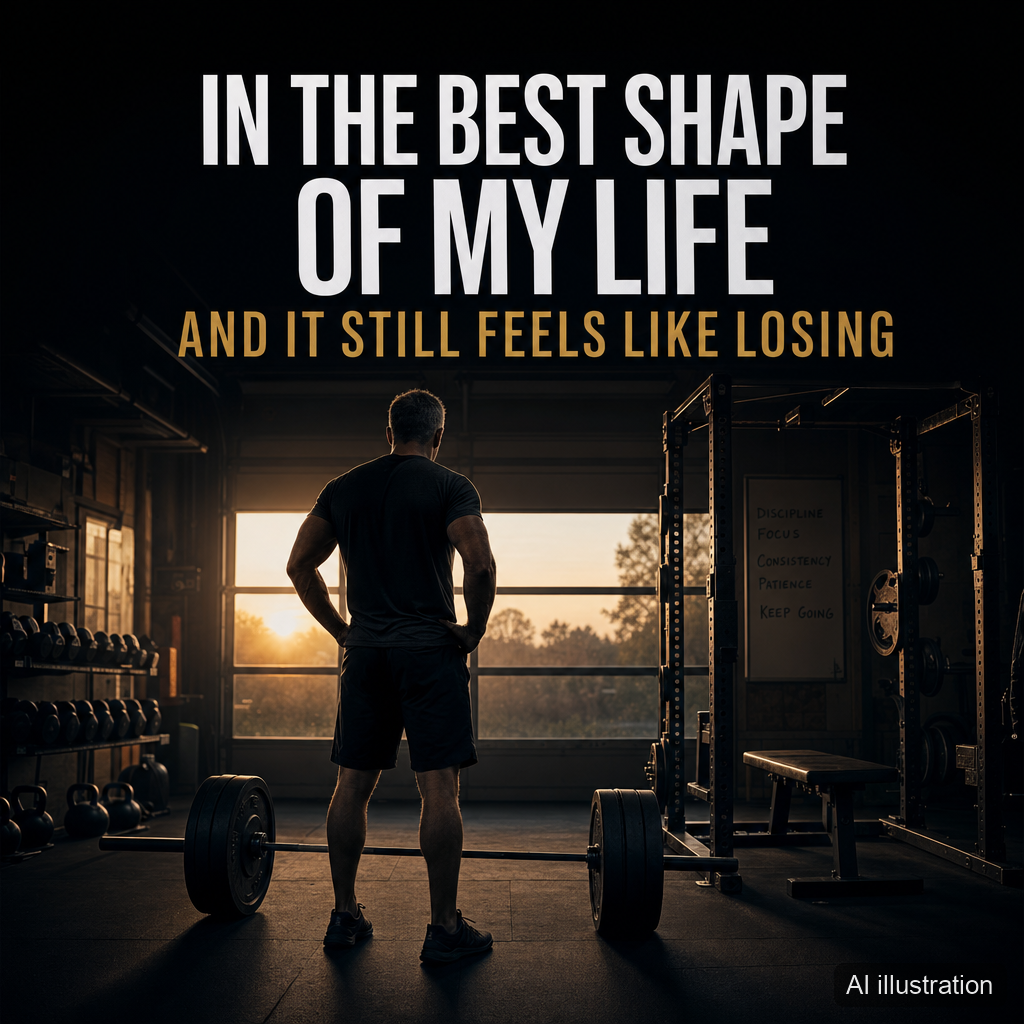 In the best shape of my life, and it still feels like losing: a man alone in a garage gym at sunset