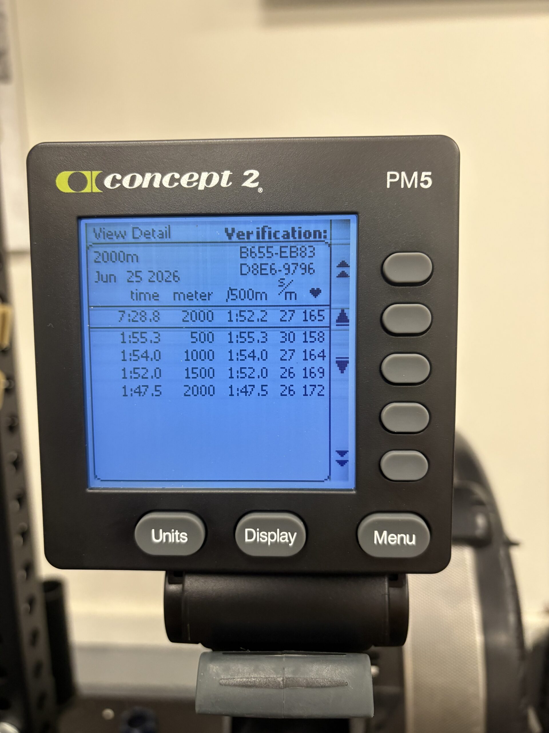 Concept2 PM5 monitor showing the author's own 2,000-meter row in 7:28.8, split by 500 meters.