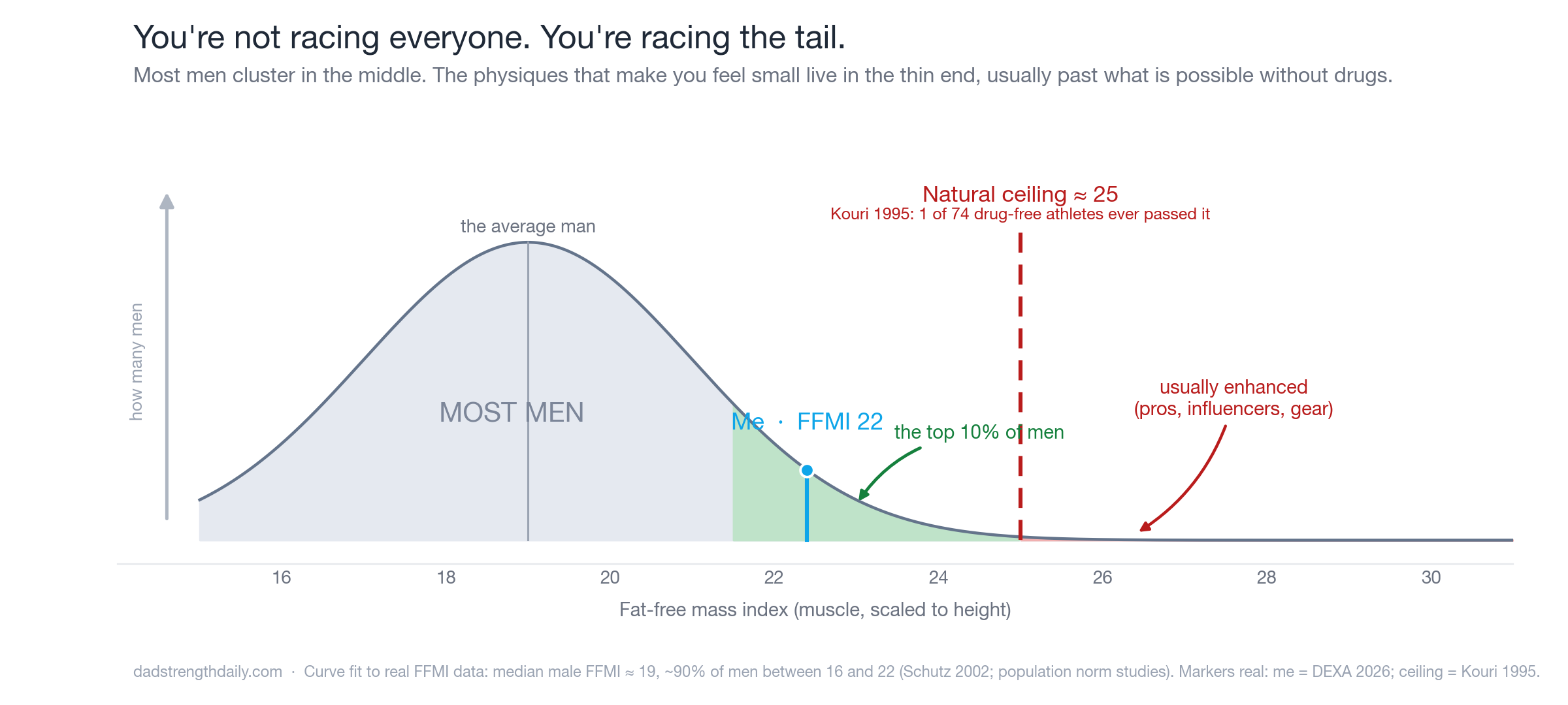 Bell curve of male fat-free mass index: most men cluster near FFMI 19, the author sits at 22, and the natural ceiling is about 25