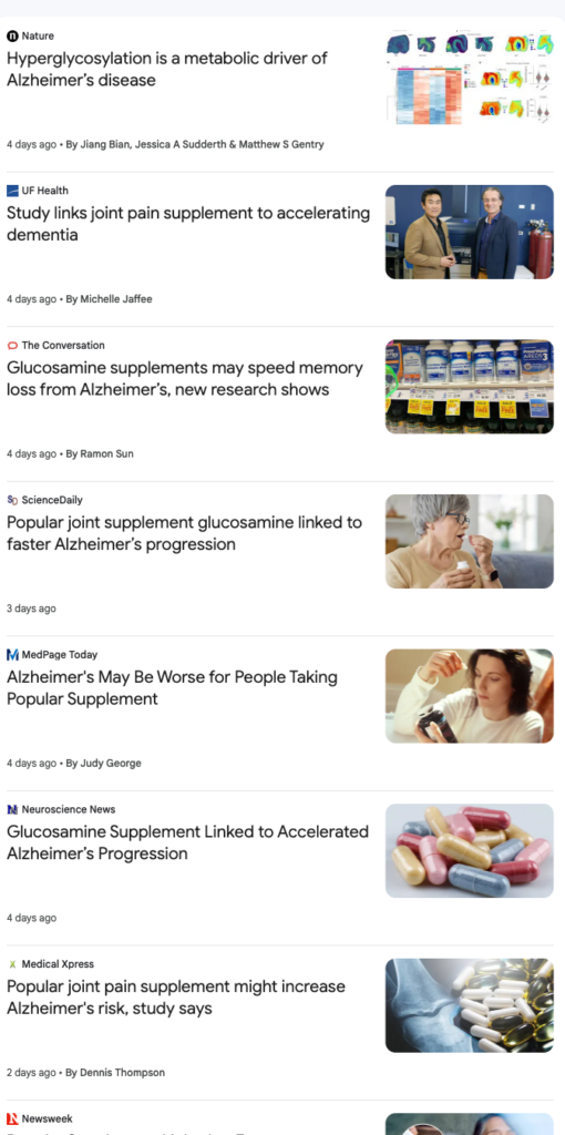 Google News results for 'glucosamine alzheimer dementia': the Nature paper, the UF press release, the author's Conversation op-ed, and reprints in ScienceDaily, MedPage, Neuroscience News and Newsweek, all within four days