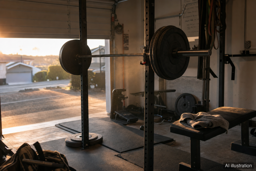 Loaded barbell in a squat rack in a garage gym at dawn, golden light coming in under the garage door