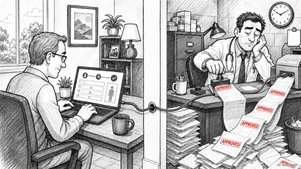 Cartoon: a patient fills out an online form while a tired doctor in a back room rubber-stamps a stream of APPROVED prescriptions