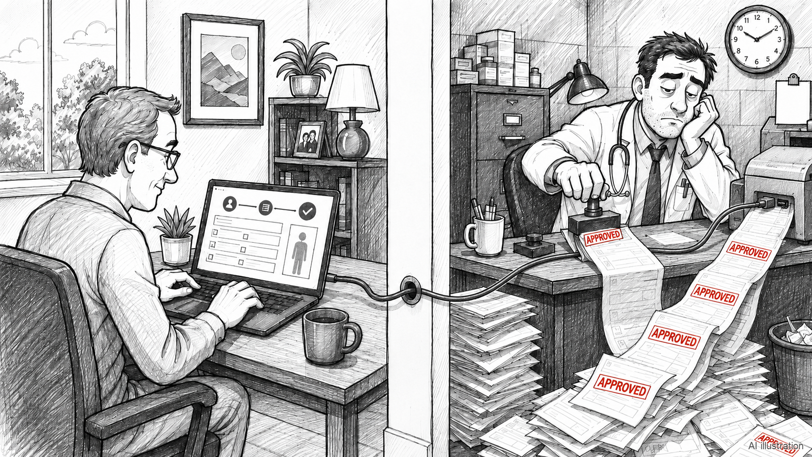 Cartoon: a patient fills out an online form while a tired doctor in a back room rubber-stamps a stream of APPROVED prescriptions