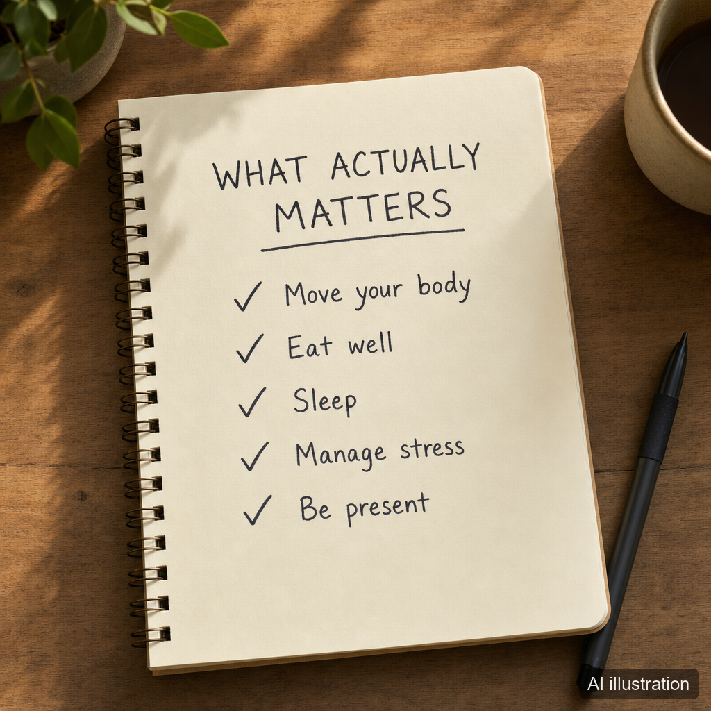 What actually matters: move your body, eat well, sleep, manage stress, be present