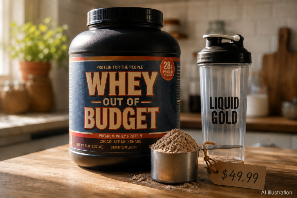 Tub of whey protein with a fake 'Whey Out of Budget' label next to a shaker marked 'Liquid Gold' and a $49.99 price tag on a kitchen counter