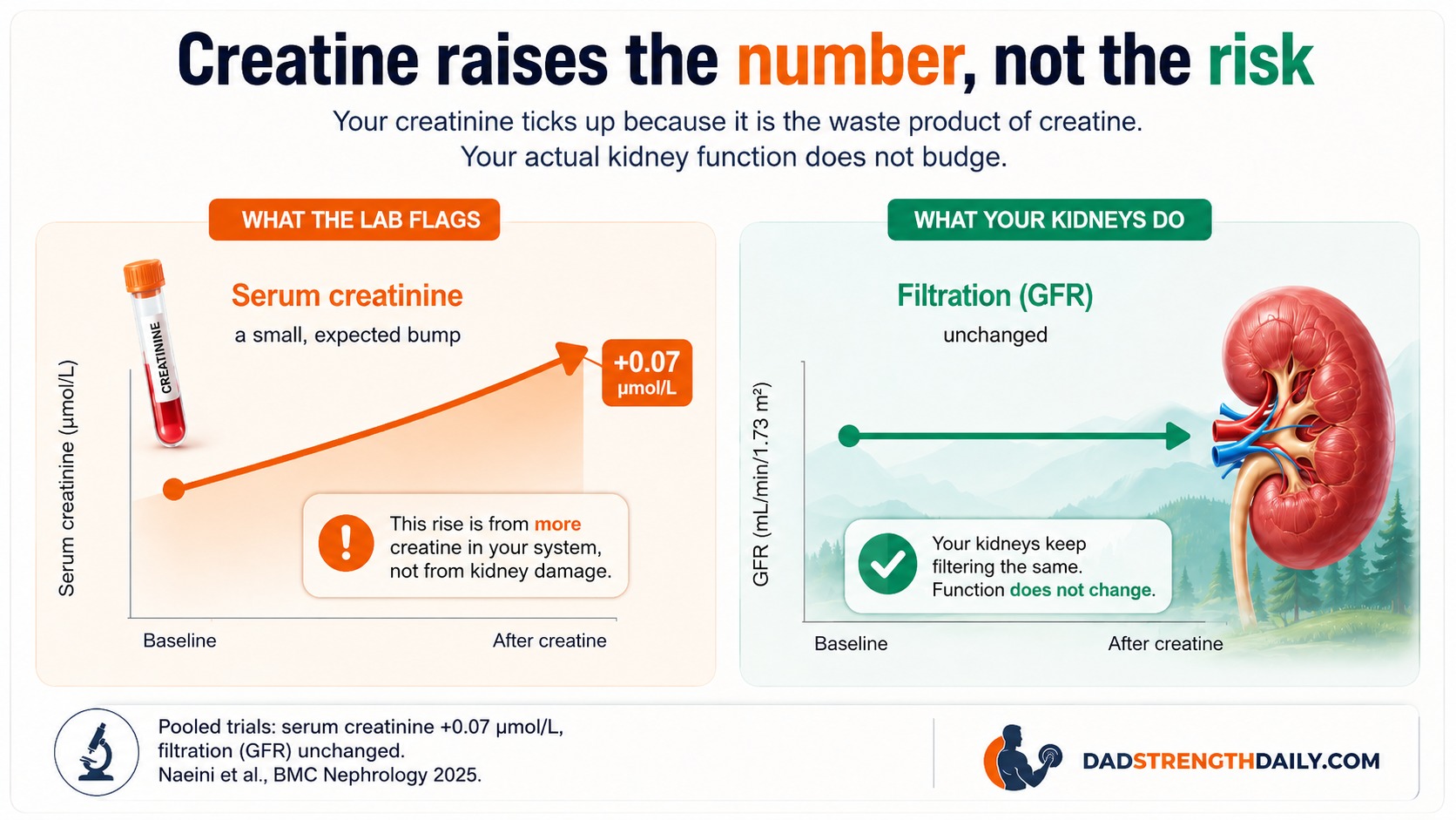 Two-panel graphic: on creatine, serum creatinine ticks up (what the lab flags) while kidney filtration, GFR, stays flat and unchanged.