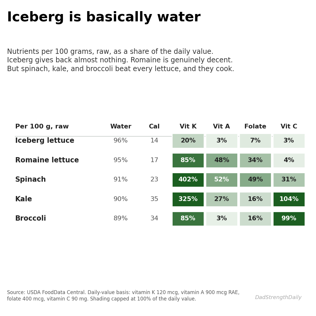 Nutrients per 100 g: iceberg is nearly empty, romaine is decent, and spinach, kale and broccoli beat every lettuce
