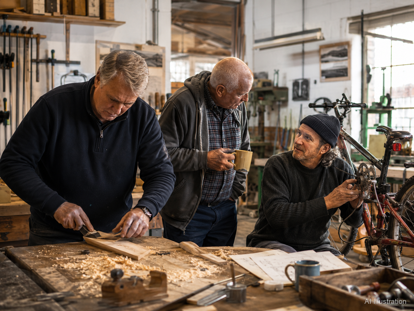 Three older men working side by side in a community workshop, one planing wood, one holding a coffee mug, one repairing a bicycle.