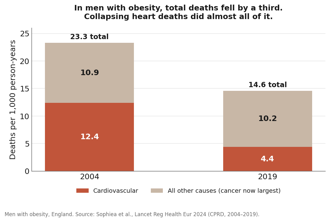 Stacked bar chart: in men with obesity, total deaths per 1,000 person-years fell from 23.3 in 2004 to 14.6 in 2019, as cardiovascular deaths collapsed from 12.4 to 4.4 while all other causes stayed near 10