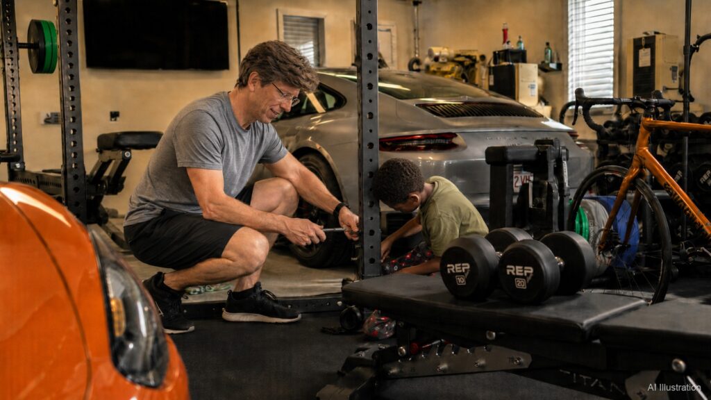 A man in his fifties crouches in his garage gym helping a young boy turn a wrench on a squat rack, with a road bike, sports cars, and dumbbells around them.