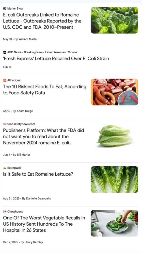 A wall of recent Google News headlines about lettuce and E. coli recalls from outlets including Marler Blog, ABC News, Allrecipes, Food Safety News, EatingWell and Chowhound, showing repeated romaine outbreaks.