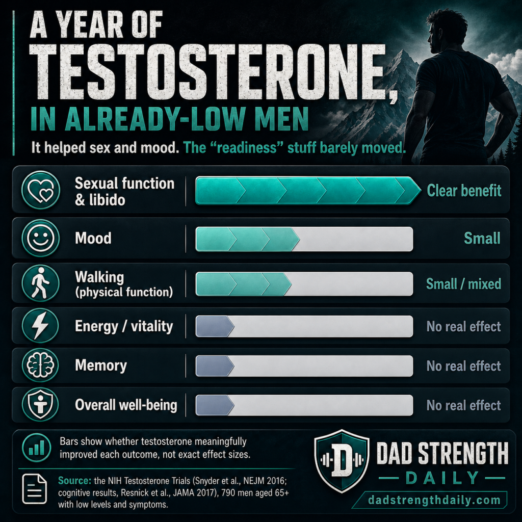 Infographic of the NIH Testosterone Trials: a year of testosterone gave a clear benefit for sexual function and libido, a small benefit for mood, a small or mixed effect on walking, and no real effect on energy, memory, or overall well-being, in 790 older men with low levels and symptoms.
