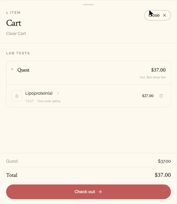 Screenshot captured August 29, 2026: Anabolic Insights' cart for Lp(a): $27.00 for the test, “incl. $10 draw fee”, $37.00 total. The $27 is the same whether you pick Quest (code 34604) or LabCorp (code 120188), which is not true of its ApoB. (Captured August 29, 2026.)