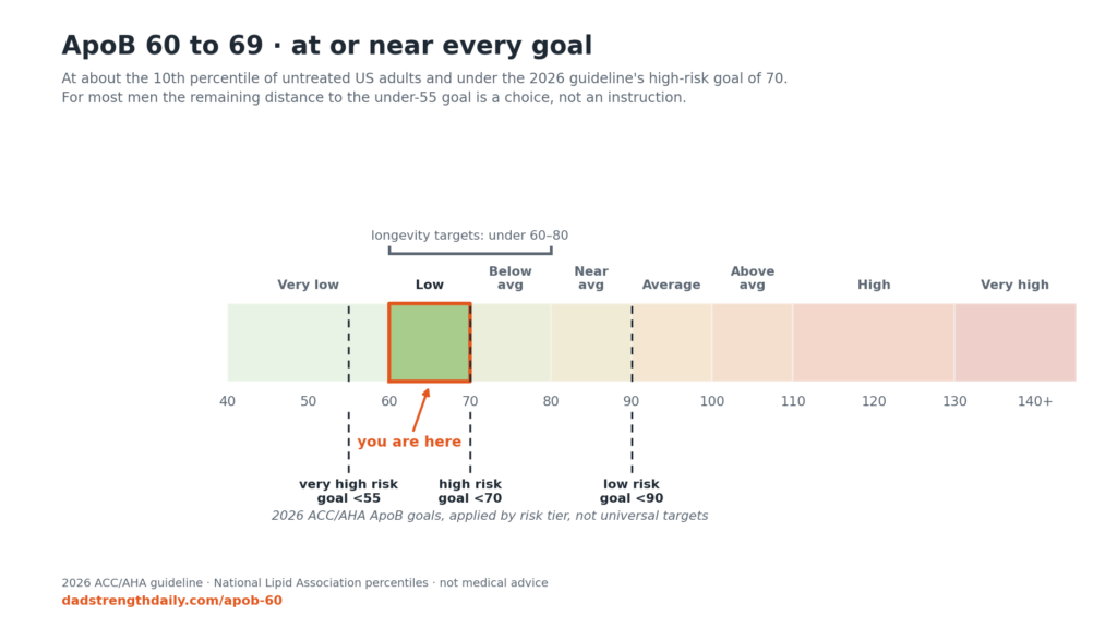 ApoB band chart with the 60 to 69 band highlighted: at about the 10th percentile of untreated US adults and under the 2026 guideline's high-risk goal of 70