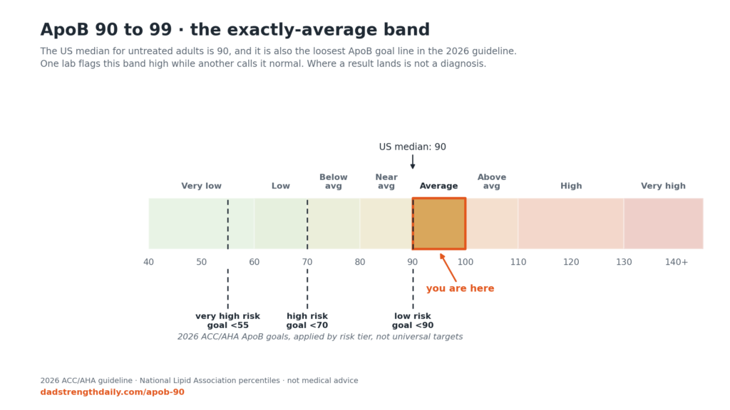 ApoB band chart with the 90 to 99 band highlighted: the exactly-average band, at the US median of 90 and the 2026 guideline's loosest goal line