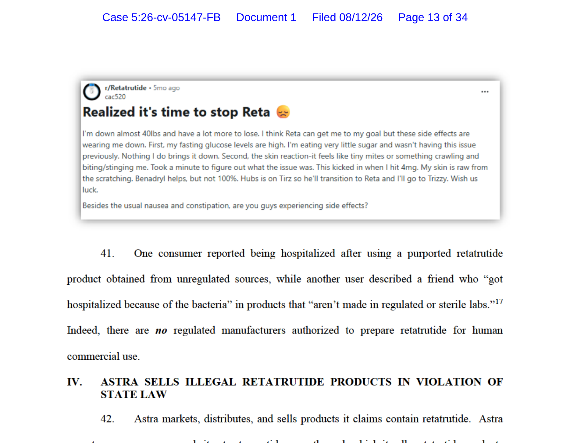 A retatrutide buyer’s Reddit post reproduced as an exhibit in Eli Lilly’s complaint against Astra Peptides