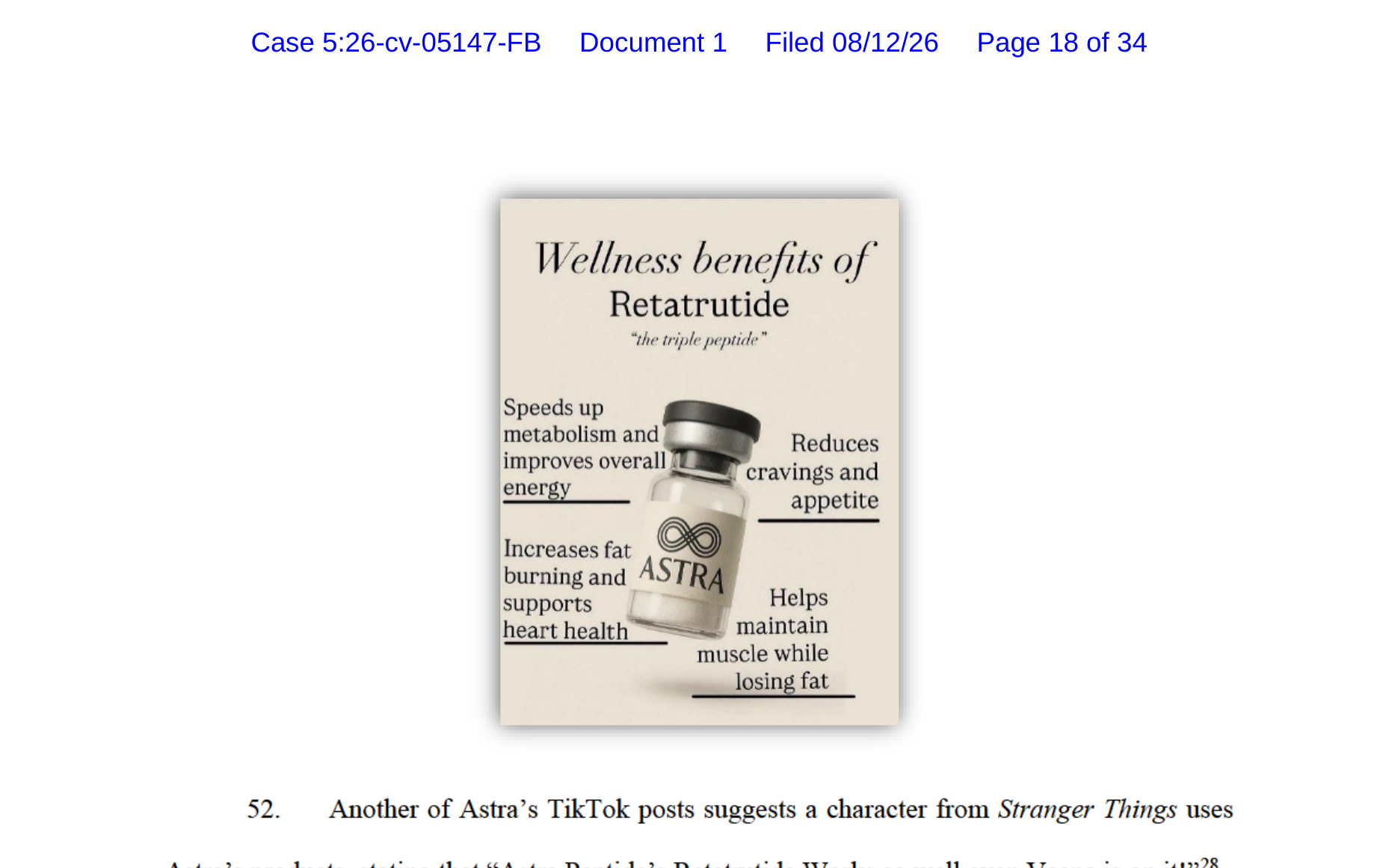 Astra Peptides “wellness benefits of retatrutide” marketing graphic reproduced in Eli Lilly’s complaint