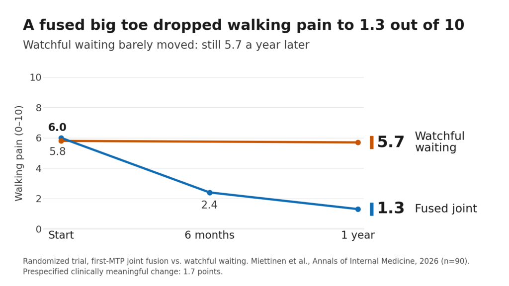Chart from a randomized trial of big toe arthritis surgery: walking pain fell from 6.0 to 1.3 out of 10 one year after joint fusion, versus 5.8 to 5.7 with watchful waiting.