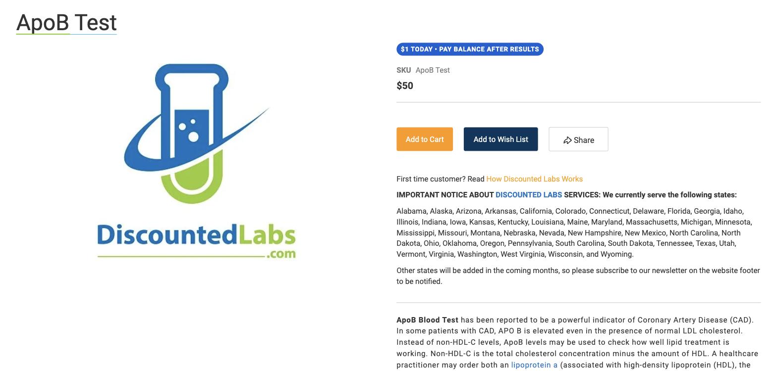 Screenshot captured August 21, 2026: DiscountedLabs product page: ApoB $50, with the served-states notice (no HI, NY, NJ or RI; Massachusetts is served). This is the service I have actually used for my own self-ordered labs.