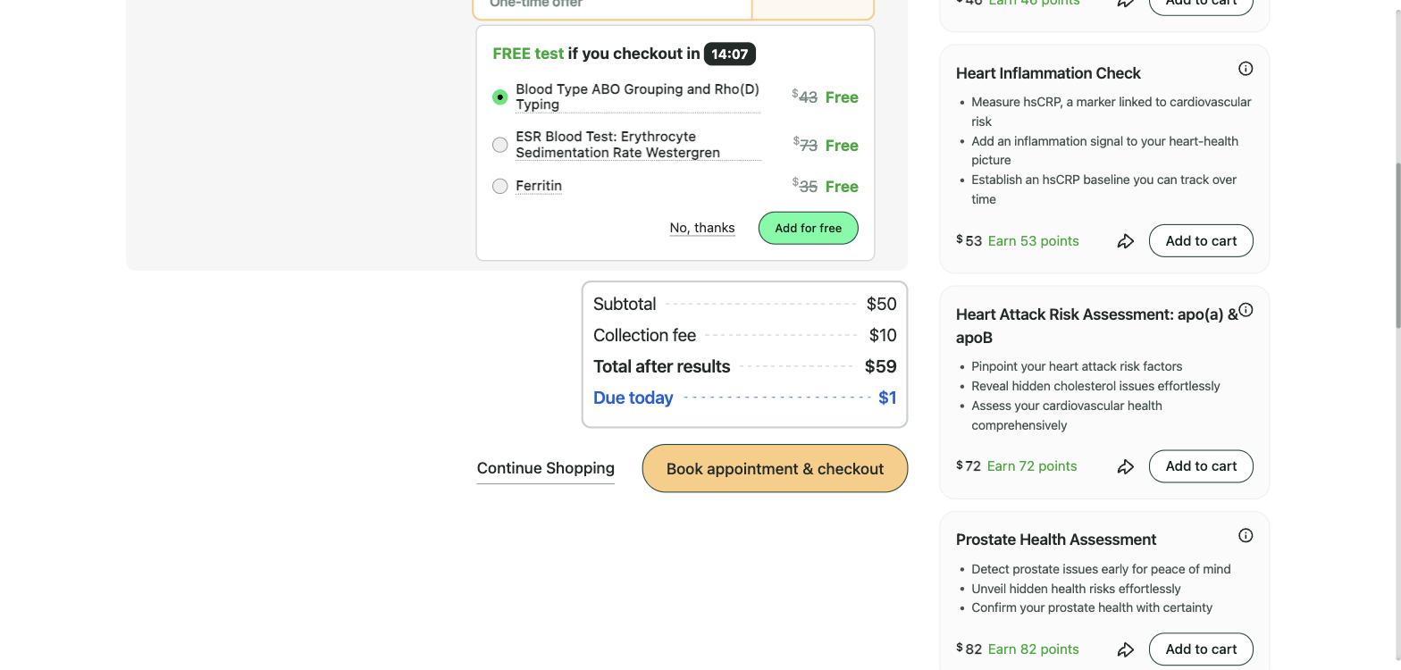 Screenshot captured August 21, 2026: Its cart, one-time option selected: subtotal $50, collection fee $10, $60 all in.