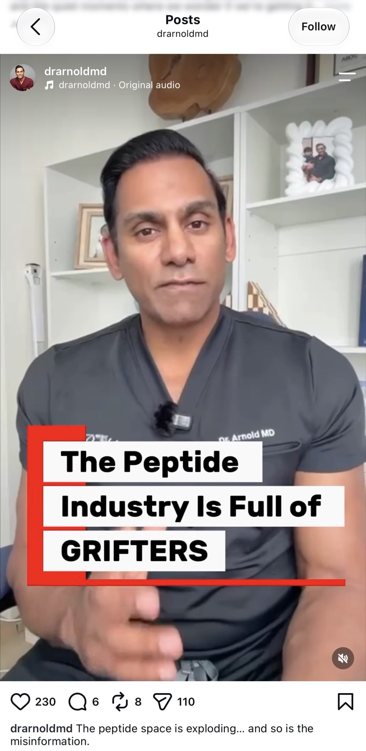 Dr. Arnold Mahesan Instagram reel titled The Peptide Industry Is Full of Grifters