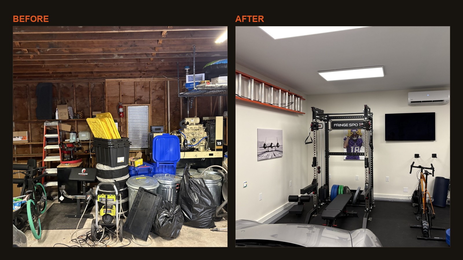 Before and after: a two-bay garage of raw studs and junk, and the same space finished as a home gym with a half rack, bench, bike on a trainer and dumbbells.