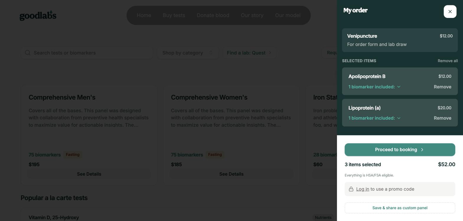 Screenshot captured August 21, 2026: Goodlabs' order screen with a lipid panel ($8), ApoB ($12) and Lp(a) ($20) in the cart: one $12 venipuncture, $52.00 total for a first-time baseline in a single draw.